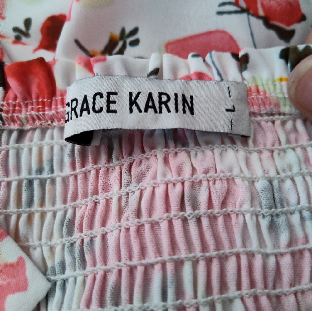 Grace Karin Summer Floral Smocked Summer Dress Sassy Flirty Sz Lg Unworn Cond - Picture 5 of 10
